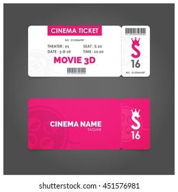 Vector Pink background Movie Ticket Invitation with logo on pattern background Design Template