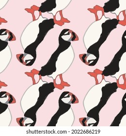 Vector pink background ocean seabird, arctic birds, puffins. Seamless pattern background