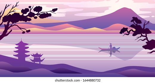Vector pink background with pagoda, boat, riverbank, outlines of branches, water and hills on the background. Stock landscape for flyers, advertisements and web pages. Oriental Japanese view. 