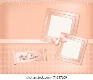 Vector pink  background with photo frames, ribbon and pearls