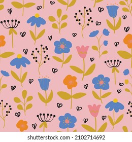 vector pink background playful flowers seamless pattern background, perfect for fabric, scrapbooking, wallpaper, stationery, children projects.
