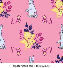 Vector pink background rabbits & bouquet flower garden seamless pattern illustration for birthday, fabric, party, event, decoration, gift wrap, scrapbook, project, print, wallpaper, textile design