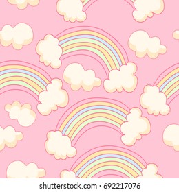 Vector pink background with rainbow and clouds. Magical seamless pattern. 