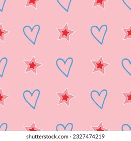 Vector Pink Background Red Stars and Blue Hearts Seamless Pattern Background. Perfect for fabric, scrapbooking, wallpaper projects and paper products.