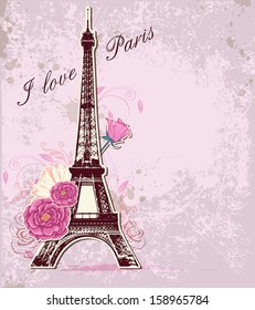 Vector pink background with roses and  Eiffel tower