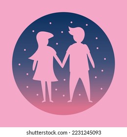 Vector of pink background shadow lovely cute couple in love hold hand in sky and star night view use for couple in love concpet or couple love valentine day design online sale shopping wallpaper.