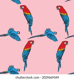 Vector pink background tropical birds, parrots, macaw, exotic cockatoo birds. Seamless pattern background
