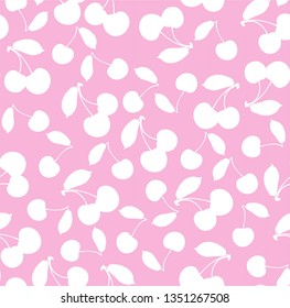 Vector pink background with white cherries. Seamless appetizing pattern. Ingredients for cocktails, summer salad, desserts.