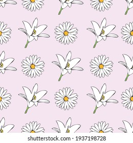 Vector pink background white pink floral seamless pattern. Daisies, Lilies, Tulips. Seamless pattern background