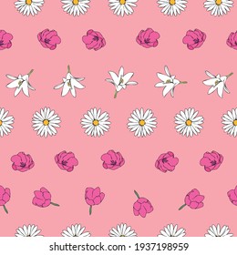 Vector pink background white pink floral seamless pattern. Daisies, Lilies, Tulips. Seamless pattern background