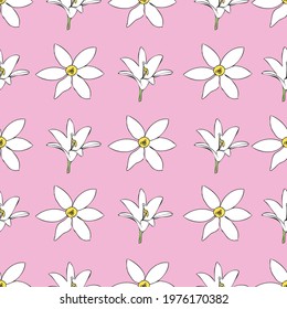 Vector pink background white flowers seamless pattern. White lilies. Seamless pattern background