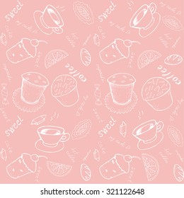 Vector pink  background and white outline  pattern confectionery products  cookware  cups  sweets  inscriptions  Painted by hand 