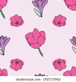 Vektorrosa Hintergrund, weißer rosafarbener violetter Farbtupfer, nahtloses Blumenmuster. Nahtloser Musterhintergrund