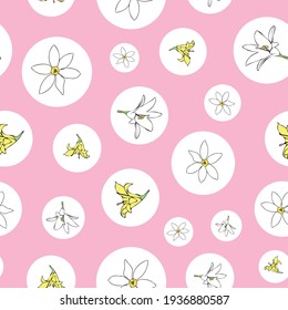 Vector pink background white yellow lemony floral seamless pattern. Daisies, Lilies. Seamless pattern background