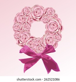 Vector pink background with wreath from roses and burgundy color bow