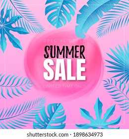 Vector Pink Banner. Text Summer Sale on the Abstract Watercolor Smear. Frame of TurquoiseTropical Leaves. Discount Poster. 
