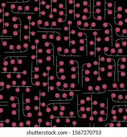 Vector pink berries on black seamless pattern print background.