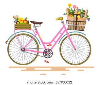 Vector Pink Bicycle - Bike With Flowers And Vegetables On Basket Isolated On White Background.