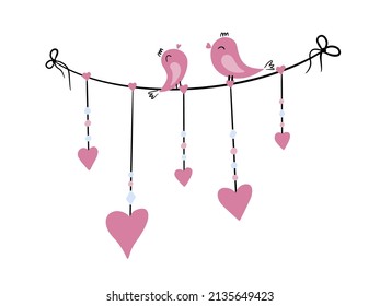 Vector pink birds with hearts. Can be used for postcard, wedding