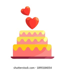 vector pink birthday cake with two love symbols. illustration of wedding anniversary, valentine's day. symbols of love enduring.