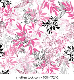 Vector pink black tropical leaves summer seamless pattern with tropical magenta plants and leaves on white background. Great for vacation themed fabric, wallpaper, packaging.