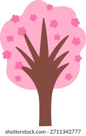 Vector pink blossoming tree icon isolated on white background. Garden, forest, Japanese cherry plant with flowers and leaves. Flat spring, Easter village or farm illustration. Natural greenery picture
