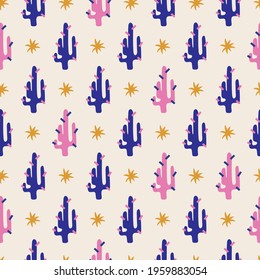 Vector pink and blue cactus seamless pattern background. Perfect for fabric. wallpaper, scrapbooking or other creative projects. 