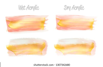 Vector pink, blue and gold paint smear stroke set. Abstract gold glittering textured art illustration. Gold Texture Paint Stain Illustration. Hand drawn brush strokes vector elements. Acrilyc strokes.