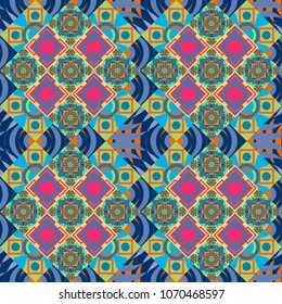 Vector pink, blue and green seamless background pattern with rhombuses.