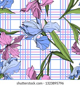 Vector Pink and blue iris floral botanical flower. Wild spring leaf wildflower isolated. Engraved ink art. Seamless background pattern. Fabric wallpaper print texture.