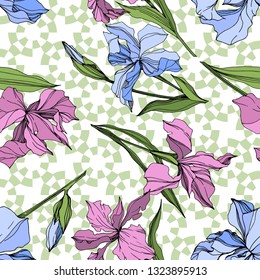 Vector Pink and blue iris floral botanical flower. Wild spring leaf wildflower isolated. Engraved ink art. Seamless background pattern. Fabric wallpaper print texture.