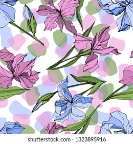 Vector Pink and blue iris floral botanical flower. Wild spring leaf wildflower isolated. Engraved ink art. Seamless background pattern. Fabric wallpaper print texture.