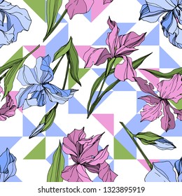 Vector Pink and blue iris floral botanical flower. Wild spring leaf wildflower isolated. Engraved ink art. Seamless background pattern. Fabric wallpaper print texture.