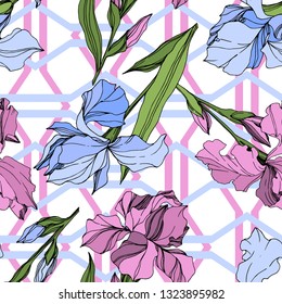 Vector Pink and blue iris floral botanical flower. Wild spring leaf wildflower isolated. Engraved ink art. Seamless background pattern. Fabric wallpaper print texture.