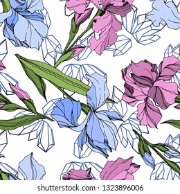 Vector Pink and blue iris floral botanical flower. Wild spring leaf wildflower isolated. Engraved ink art. Seamless background pattern. Fabric wallpaper print texture.
