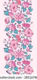 Vector pink blue kimono flowers vertical border seamless pattern background