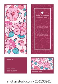 Vector pink blue kimono flowers vertical frame pattern invitation greeting, RSVP and thank you cards set
