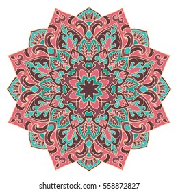 Vector pink and blue mandala. Oriental stylized design element. Symbolic color ornament.