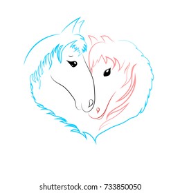 vector pink and blue outline drawing two horses heads in the shape of a heart