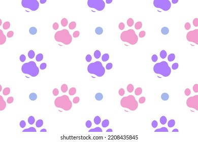 Vector pink blue purple paw pattern seamless. Cute cat dog paws