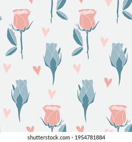 Vector pink and blue roses on white background seamless repeat pattern with love elements. Great for elegant themed fabric, wallpaper, scrapbooking projects, packaging.