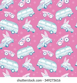 Vector Pink Blue Surfboards Transported On Vehicles Cars Bicycles Seamless Pattern. Bike Sport Surfing Hawaii California.