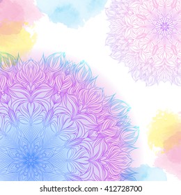 Vector pink and blue two mandala with watercolor stains. Decor for your design, lace ornament. Round pattern, oriental style