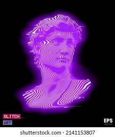 Vector pink and blue vaporwave style and distorted wavy line halftone illustration of male classical head sculpture from 3d rendering isolated on black background.