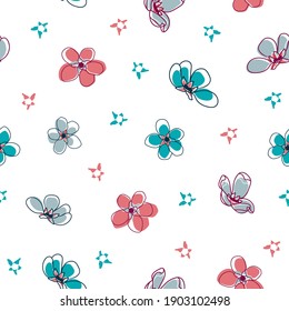 Vector pink blue white flowers seamless pattern