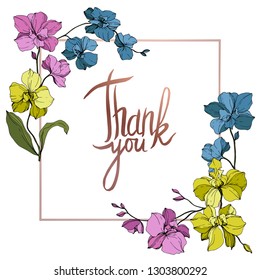 Vector Pink, blue and yellow Orcid floral botanical flower. Wild spring leaf wildflower isolated. Engraved ink art. Frame border ornament square.