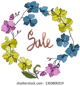 Vector Pink, blue and yellow Orcid floral botanical flower. Wild spring leaf wildflower isolated. Engraved ink art. Frame border ornament square.