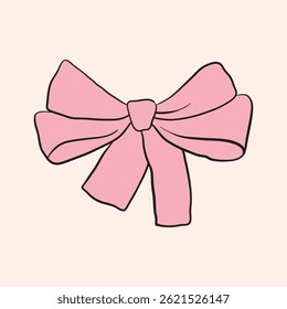 Vector pink bow in hand drawn doodle style. Hand drawn in vector bows collection in modern style. Pink bow for design. Use as print, element design, tetile, packaging, label, stichers, card, postcard.