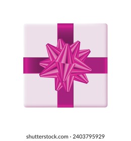 Vector pink bow on silver gift box on white background.