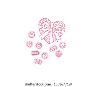 Vector pink box of chocolates with ribbon, isolated. Stylized element for Valentine greeting card, outline icon, romantic symbol. Heart-shaped box for greetings on Valentine 's Day. Сandy heart box.